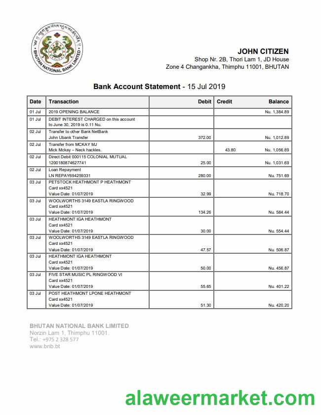 Bhutan National Bank statement